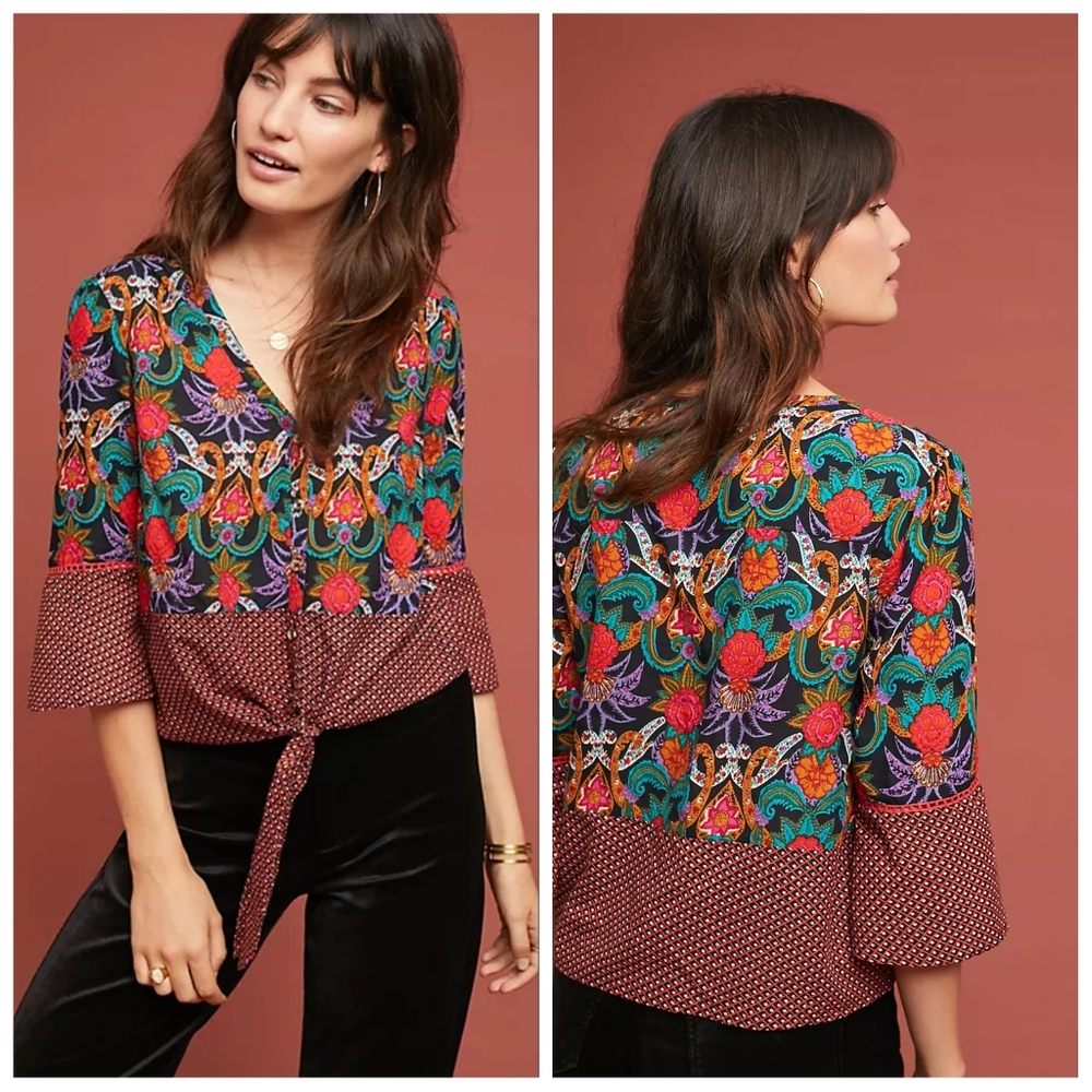 Maeve Anthropologie Carter Blouse V-neck Floral Geometric Tie‎ Lace Size 4
